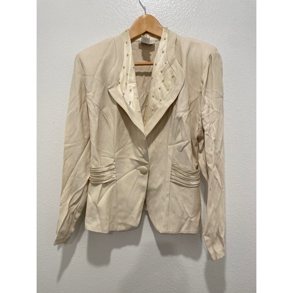 Vintage Womens Blazer Jacket Size 8 Cream Satin Pleated Formal Old Money 80s